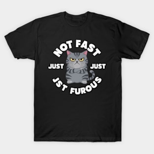 The image features a grumpy-looking cat with the text “NOT FAST JUST FURIOUS” surrounding it (4) T-Shirt